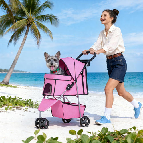 3 Wheels Pet Dog Stroller Cat Cage for Medium Small Dogs Cats Travel Folding Carrier Waterproof Puppy Stroller with Cup Holder & Removable Liner,Pink