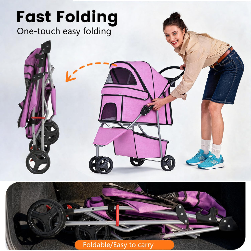 3 Wheels Pet Dog Stroller Cat Cage for Medium Small Dogs Cats Travel Folding Carrier Waterproof Puppy Stroller with Cup Holder & Removable Liner,Pink