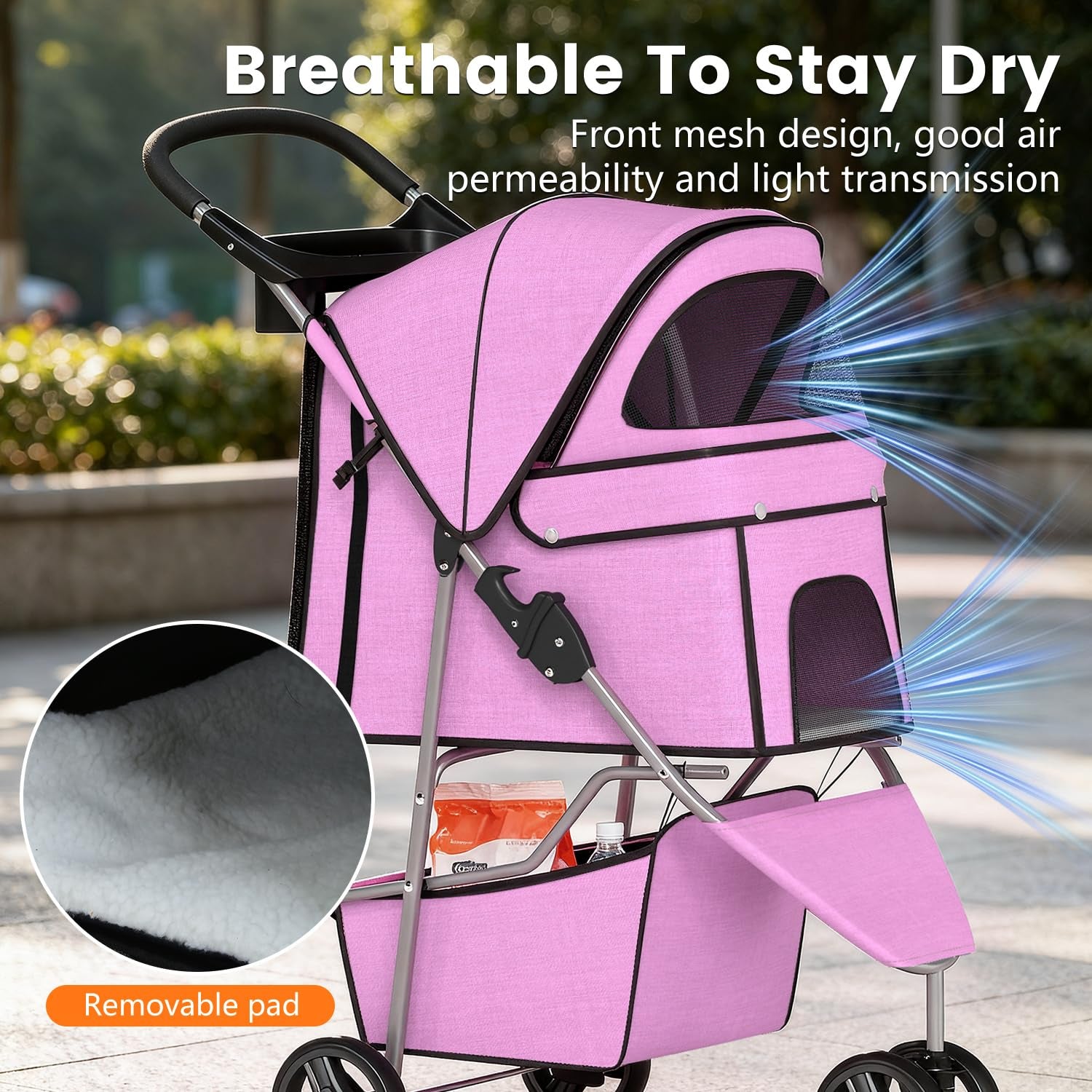 3 Wheels Pet Dog Stroller Cat Cage for Medium Small Dogs Cats Travel Folding Carrier Waterproof Puppy Stroller with Cup Holder & Removable Liner,Pink